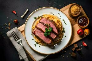 espaguetis con asado Pato pecho en blanco plato en oscuro antecedentes ai generar foto