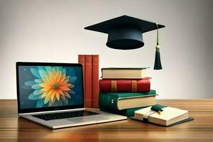 ordenador portátil con graduación gorra y libros en de madera mesa en contra degradado antecedentes ai generar foto