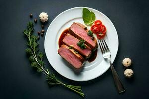 Sliced duck breast with herbs and spices on a black background AI Generate photo