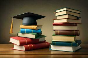 Graduation cap on stack of books. Education concept AI Generate photo