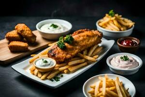 Fried fish and chips with mayonnaise and tartar sauce AI Generate photo