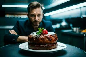 Portrait of a handsome bearded man in a black shirt with a strawberry on a white plate. AI Generate photo