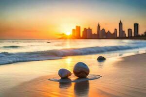 Seashells on the beach with skyscrapers in the background AI Generate photo