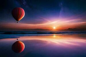 Hot air balloon flying over the sea at sunrise. Beautiful landscape AI Generate photo