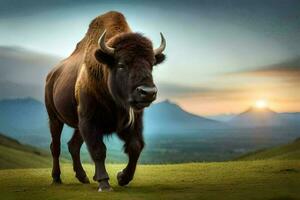 Bison in the meadow with mountains in the background at sunset AI Generate photo