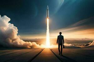 Businessman standing on a wooden platform and looking at a rocket in the sky AI Generate photo