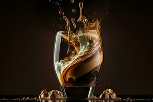 Splash in a glass of coffee with ice cubes on a dark background AI Generate photo