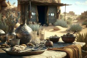 Vintage clay vases and pottery on the table in morocco AI Generate photo