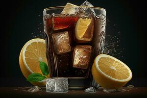 Glass of cola with ice cubes and lemon slices on black background AI Generate photo