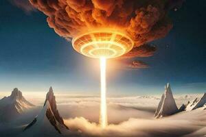 Fantasy manipulation UFO flying over the clouds AI Generate photo