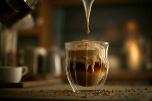 Coffee pouring into a glass cup with coffee beans in the background AI Generate photo