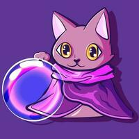 digital Arte de un magia gatito participación un cristal pelota. vector de un mago y fortuna narración gato vistiendo un capa
