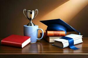 education concept with graduation cap, books and trophy cup on wooden table AI Generate photo