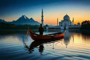 majestuoso puesta de sol terminado el mezquita y barco en el lago ai generar foto