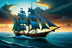 Sailing ship in the ocean at sunset AI Generate photo