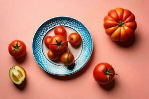 Tomatoes on a blue plate on a pink background, top view AI Generate photo