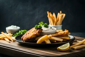 frito pescado y papas fritas con mayonesa y sarro salsa ai generar foto