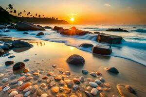 tropical playa con rocas y arena a puesta de sol. naturaleza antecedentes ai generar foto