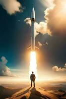 Businessman standing on the edge of a cliff and looking at a rocket AI Generate photo