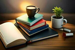 Cup of coffee and stack of books on wooden table, 3d render AI Generate photo