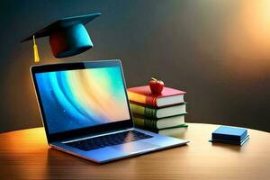 Laptop with graduation cap, books and apple on table. Education concept AI Generate photo