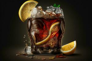 Cola with ice cubes, lemon and ice cubes on a black background AI Generate photo