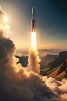 Space rocket flying high in the sky over the mountains AI Generate photo