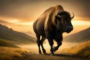 Bison bonasus walking on the road at sunset AI Generate photo