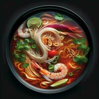 Thai spicy soup with shrimp in black bowl isolated on black background AI Generate photo