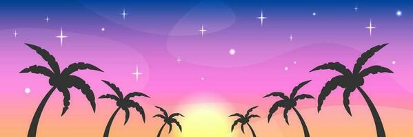tropical palmas antecedentes. vector web bandera modelo. verano noche cielo, puesta de sol y estrellas. palma arboles siluetas ilustración. Copiar espacio para texto