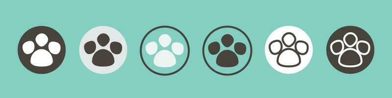 Paw dog print. Outline pawprint. Black and white icons isolated on green background. Cat footprint vector