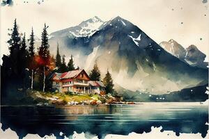 watercolor mountain view with a river and a house ai generation photo