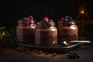 chocolate mousse dessert with berries in jar AI Generate photo