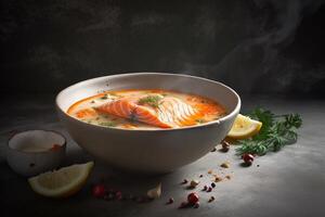 a bowl soup with salmon AI Generate photo