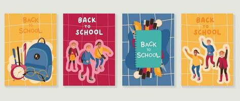 Welcome back to school cover background vector set. Cute childhood illustration with student, book, glasses, clock, ruler, bag, pen, eraser. Back to school collection for prints, education, banner.