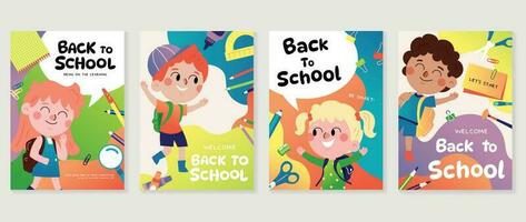 Welcome back to school cover background vector set. Cute childhood illustration with student, book, paper clip, scissor, pencil sharpener. Back to school collection for prints, education, banner.