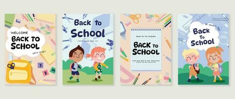 Welcome back to school cover background vector set. Cute childhood illustration with student, book, paper clip, pen, ruler, scissor, bag. Back to school collection for prints, education, banner.