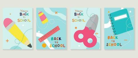 Welcome back to school cover background vector set. Cute childhood illustration with book, ruler, pen, star, scissor, mathematical symbols. Back to school collection for prints, education, banner.