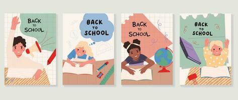 Welcome back to school cover background vector set. Cute childhood illustration with student, book, globe, paper clip, sharpener, megaphone. Back to school collection for prints, education, banner.