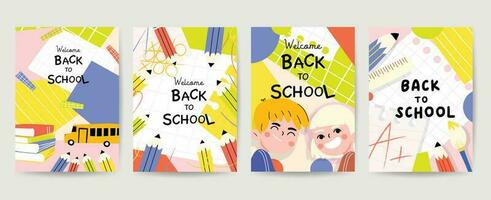 Welcome back to school cover background vector set. Cute childhood illustration with student, book, paper, brush, pen, line art, school bus. Back to school collection for prints, education, banner.