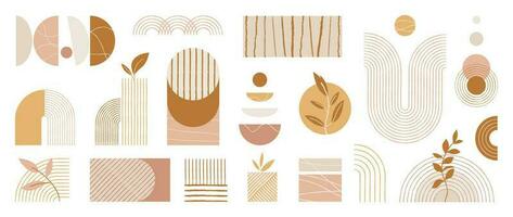 Hand drawn abstract minimal element mid century vector set. Aesthetic contemporary stripe line art, geometric shapes in earth tone. Art form design for wall art, decoration, wallpaper.