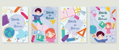 Welcome back to school cover background vector set. Cute childhood illustration with student, book, globe, paper clip, scissor, ruler. Back to school collection for prints, education, banner.