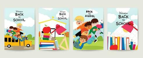 Welcome back to school cover background vector set. Cute childhood illustration with student, book, paper, pen, ruler, school bus, apple. Back to school collection for prints, education, banner.