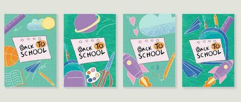 Welcome back to school cover background vector set. Cute childhood illustration with book, globe, rocket, scissor, color plate. Back to school collection for prints, education, banner.