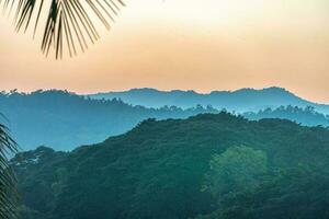 Sunset over the mountains with river and palm tree photo