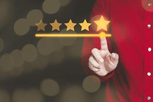 Customer service and Satisfaction concept Men are rating satisfaction in online surveys. to assess the quality of service for use in making improvements and development of service providers photo