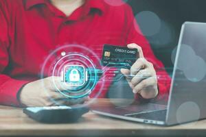 Online cyber security credit card and online shopping payment concept Men's hands are using smart phones to fill in credit card information. Online shopping and payment system photo