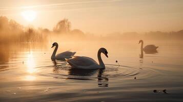 Swans Over Lake At Sunrise, photo