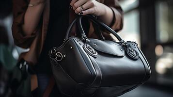 Close up woman black leather big bag in hand, photo