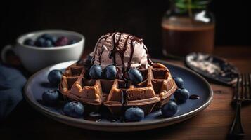 Plate of delicious Chocolate Belgian Waffles with ice cream and blueberry, photo